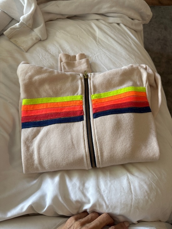 Aviator Nation Sweaters - Aviator Nation Beige Zip Hoodie with Neon Rainbow Stripes